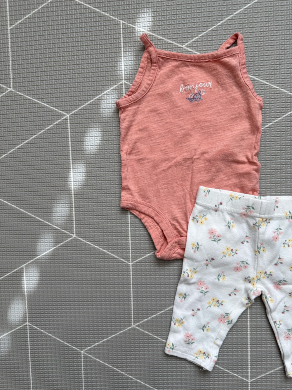 Carter's Coral 'bonjour' Tank Bodysuit with White Floral Leggings Set